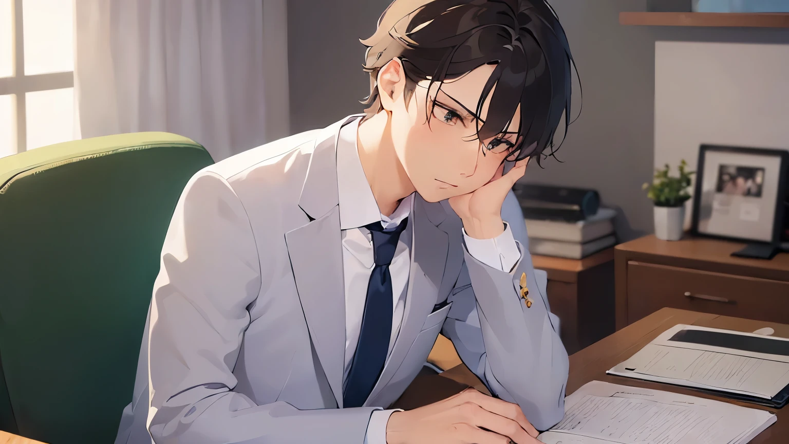 (looking away:1.5)、upper body、masterpiece、highest quality、BREAK (25-year-old male:1.5) and (brown short hair) and (Green Eyes) BREAK (suit:1.5) and (Blue tie)、Sitting、Serious expression, The background is inside office room、alone、Upper body is shown
