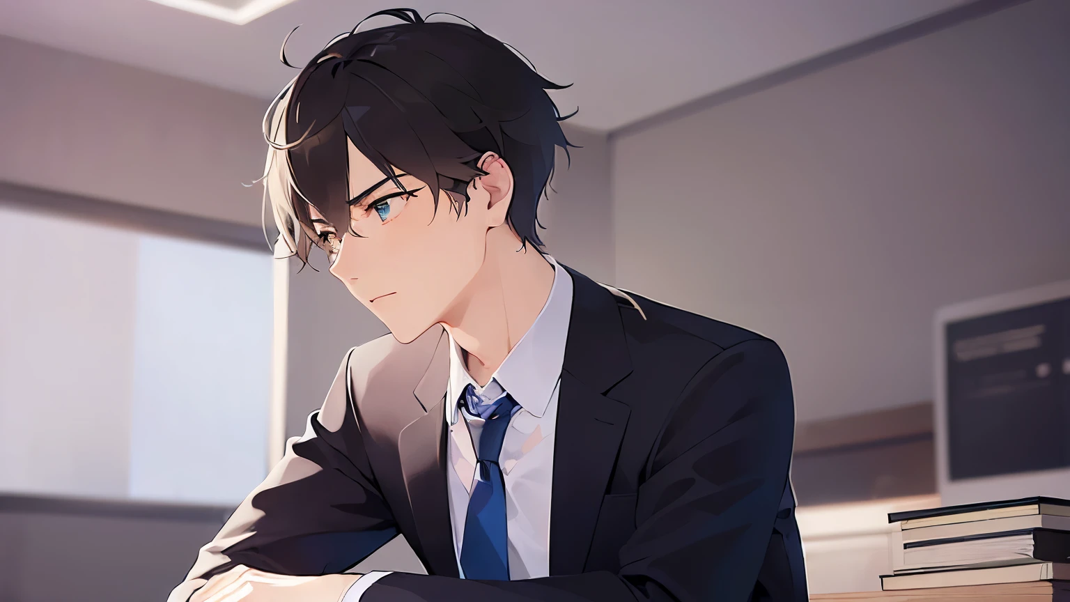 (looking away:1.5)、upper body、masterpiece、highest quality、BREAK (25-year-old male:1.5) and (brown short hair) and (Green Eyes) BREAK (suit:1.5) and (Blue tie)、Sitting、Serious expression, The background is inside office room、alone、Upper body is shown