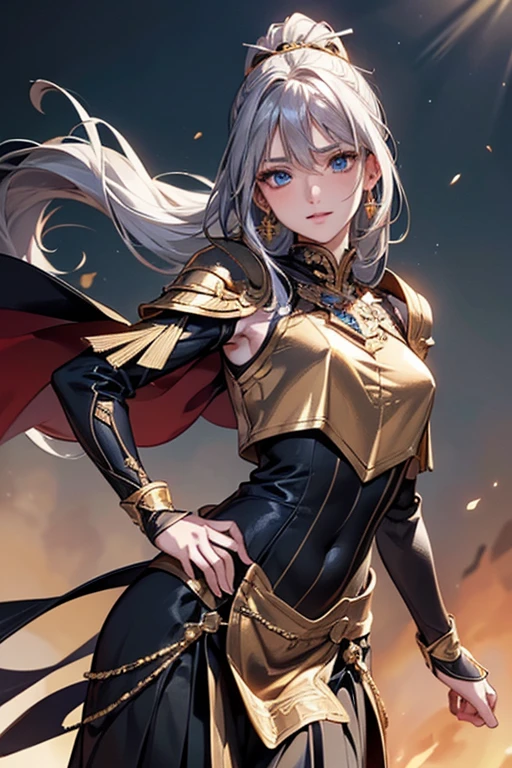#Basics A girl is posing for a photo, animeのかわいい女の子, (((One Girl, , 16 years AK 

#Clothing Accessories 
((Gold on black)With a flame motif(Long skirt dress)Armor of:1.4 : (Gold on black)Gauntlet of:1.4 + (Gold on black)Breastplate:1.4 + (Gold on black)Chest armor:1.4  + (Gold on black)Shoulder rest:1.4 + Black cape + Silver headdress + Holding a big spear:1.4), 
((Golden hoop earrings)), 
BREAK 

#Features 
(Silver Hair:1.4, Chest-length sideburns, ponytail : Hair blowing in the wind + Very long hair + Curly hair + Messy Hair), 
(Droopy eyes,blue eyes), (Small breasts), 
BREAK 

#expression 
(smile), 
#background environment 
((noon:1.4 + Grassland with horizon view:1.4 + blue sky + Sunshine)), 
#composition 
(Face the viewer:1.4, from below:1.4, (Dynamic Pose:1.4 + Are standing:1.4), Cowboy Shot:1.4), 
BREAK 

#Body parts elements 
(Beautiful Hair,Shiny Hair), 
(double eyelid, Long eyelashes), 
(Expression of fine eyes, Beautiful and delicate eyes, Sparkling eyes, Eye Reflexes), 
(Human Ear), 
(Beautiful Nose, Thin Nose), 
(Glossy lips, Beautiful Lips, Thick lips), (Symmetrical facial features), 
(Detailed skin, Textured skin, Beautiful Skin), 
BREAK 

#Quality 
(((highest quality)), ((masterpiece)), ((Very detailed))), ((High resolution), (16k,1080p)), 
(Realistic), (Anatomically correct), 
((comics, anime)), (3DCG), CG illustration,
