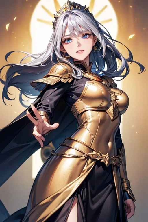 #Basics A girl is posing for a photo, animeのかわいい女の子, (((One Girl, , 16 years AK
#Clothing Accessories
((Gold on black)With a flame motif(Long skirt dress)Armor of:1.4 : (Gold on black)Gauntlet of:1.4 + (Gold on black)Breastplate:1.4 + (Gold on black)Chest armor:1.4 + (Gold on black)Shoulder rest:1.4 + Black cape + Silver headdress + Holding a big spear:1.4),
((Golden hoop earrings)),
BREAK
#Features
(Silver Hair:1.4, Chest-length sideburns, ponytail : Hair blowing in the wind + Very long hair + Curly hair + Messy Hair),
(Droopy eyes,blue eyes), (Small breasts),
BREAK
#expression
(smile),
#background environment
((noon:1.4 + Grassland with horizon view:1.4 + blue sky + Sunshine)),
#composition
(Face the viewer:1.4, from below:1.4, (Dynamic Pose:1.4 + Are standing:1.4), Cowboy Shot:1.4),
BREAK
#Body parts elements
(Beautiful Hair,Shiny Hair),
(double eyelid, Long eyelashes),
(Expression of fine eyes, Beautiful and delicate eyes, Sparkling eyes, Eye Reflexes),
(Human Ear),
(Beautiful Nose, Thin Nose),
(Glossy lips, Beautiful Lips, Thick lips), (Symmetrical facial features),
(Detailed skin, Textured skin, Beautiful Skin),
BREAK
#Quality
(((highest quality)), ((masterpiece)), ((Very detailed))), ((High resolution), (16k,1080p)),
(Realistic), (Anatomically correct),
((comics, anime)), (3DCG), CG illustration,