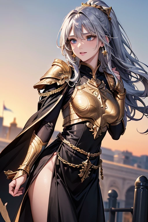 #Basics A girl is posing for a photo, animeのかわいい女の子, (((One Girl, , 16 years AK
#Clothing Accessories
((Gold on black)With a flame motif(Long skirt dress)Armor of:1.4 : (Gold on black)Gauntlet of:1.4 + (Gold on black)Breastplate:1.4 + (Gold on black)Chest armor:1.4 + (Gold on black)Shoulder rest:1.4 + Black cape + Silver headdress + Holding a big spear:1.4),
((Golden hoop earrings)),
BREAK
#Features
(Silver Hair:1.4, Chest-length sideburns, ponytail : Hair blowing in the wind + Very long hair + Curly hair + Messy Hair),
(Droopy eyes,blue eyes), (Small breasts),
BREAK
#expression
(smile),
#background environment
((noon:1.4 + Grassland with horizon view:1.4 + blue sky + Sunshine)),
#composition
(Face the viewer:1.4, from below:1.4, (Dynamic Pose:1.4 + Are standing:1.4), Cowboy Shot:1.4),
BREAK
#Body parts elements
(Beautiful Hair,Shiny Hair),
(double eyelid, Long eyelashes),
(Expression of fine eyes, Beautiful and delicate eyes, Sparkling eyes, Eye Reflexes),
(Human Ear),
(Beautiful Nose, Thin Nose),
(Glossy lips, Beautiful Lips, Thick lips), (Symmetrical facial features),
(Detailed skin, Textured skin, Beautiful Skin),
BREAK
#Quality
(((highest quality)), ((masterpiece)), ((Very detailed))), ((High resolution), (16k,1080p)),
(Realistic), (Anatomically correct),
((comics, anime)), (3DCG), CG illustration,