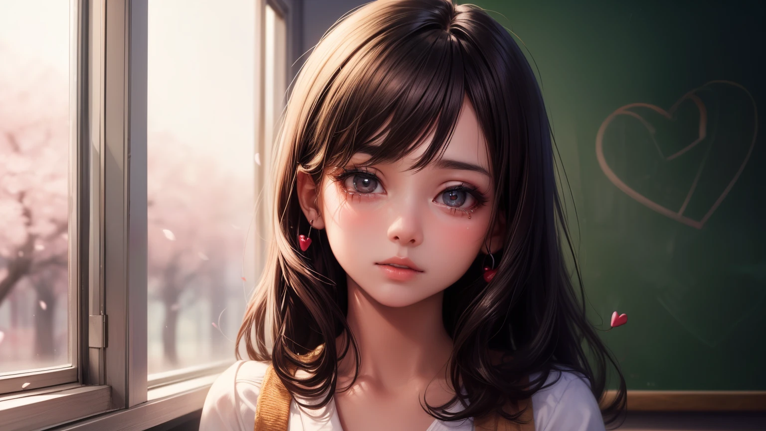 (1 girl), brown eyes, (highly detailed eyes, highly detailed face), (Too realistic, hight resolution), (best quality:1.4), (high , pleated mini skirt:1.2), model, charming, sublime, In the building, In the house, sunset, alone, (Heart shape written on blackboard with chalk:1.3), Tears in her eyes, (cherry blossoms), window, 