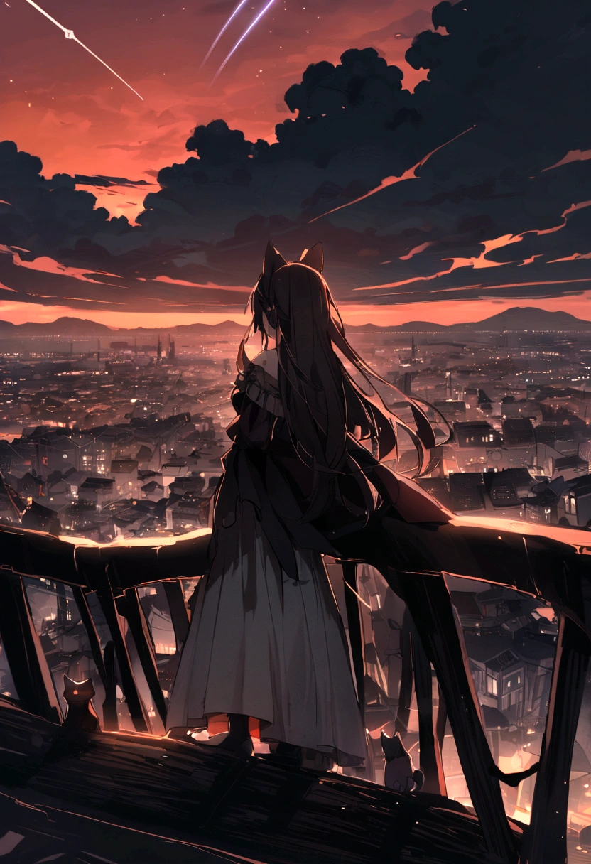 (red tint、pink),Octane, null, performer(null), landscape, 星null, night,( One Girl,一匹のCat、I'll be there for you:1.5),(I'll be there for you:1.3),Cat,nightnull, solo, Outdoor, built, cloud, shooting star,Sit on, wood, Hair length, city, silhouette, 都city景観,From behind