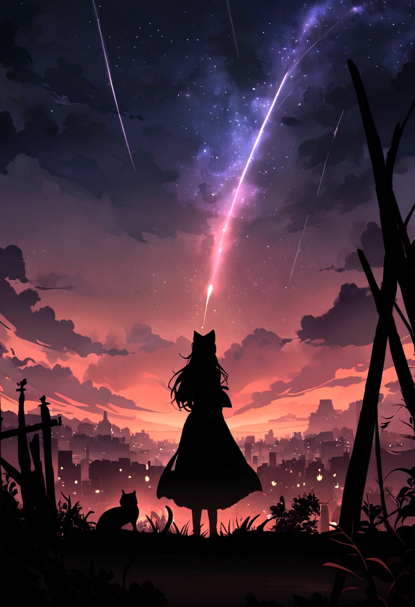 （red tint、pink），Octane, null, performer(null), landscape, 星null, night,（ One Girl,一匹のCat、I&#39;ll be there for you：1.5），（I&#39;ll be there for you：1.3），Cat，nightnull, solo, Outdoor, built, cloud, shooting star，Sit on, wood, Hair length, city, silhouette, 都city景観，From behind　