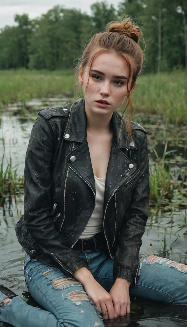 a girl, drowning in swamp, long messy loose bun, freckles, wearing detailed flared jeans, faded leather biker jacket, pale skin, lifeless expression, orgasm