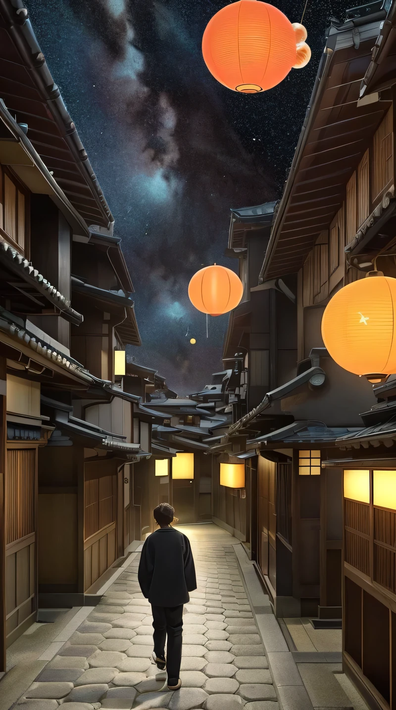 A nostalgic anime-style landscape combining the traditional streets of Kyoto with elements of outer space. The scene features classic wooden machiya houses and narrow alleyways illuminated by soft lantern light. Above the streets, the sky is filled with vibrant nebulae, distant galaxies, and sparkling stars. In the background, a traditional Japanese pagoda stands tall, its roof blending seamlessly into the cosmic backdrop. Floating in the air are small asteroids and planets, creating a unique blend of ancient Kyoto architecture and the wonders of the universe. In the middle of the street, a young man is walking forward, adding a sense of adventure and exploration to the scene. The overall atmosphere should be mystical, awe-inspiring, and nostalgic, reminiscent of classic anime scenes with a warm, melancholic feel.
