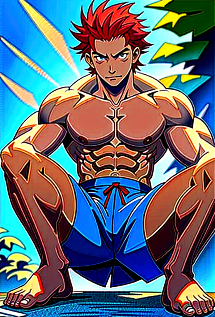 (canto da foto de baixo para cima) (imagem da mais alta qualidade) ,Close-up photos,Lion man ,real, jovem, , vestindo shorts, virilha saliente, imagem de anime, Leaning against a tree, pernas bem abertas, male face, bonito rosto jovem, cabelo subcortado, huge muscle muscles of the chest, large strong thigh muscles, Biceps Sinewy muscles, Corpo enorme, corpo tonificado devido ao treinamento intenso, Well-developed muscles, ABS transparente de 8 embalagens, 3 metros de altura, topless, , pele brilhante, rede de suor pingando, hands on thighs, bare feet, Sem barba,Thick Legs,
