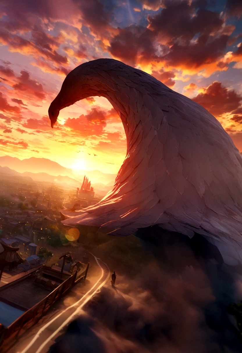 (3D:0.5,Practical:0.5,photoPractical:0.5),(absurd,Super Resolution,masterpiece,best quality,Meticulous attention to detail,absurd:1.2), Dramatic lighting, Dramatic Lighting, Movie, Anime Landscape, Xin Haicheng, Ghibli, A world of dreams, magic, Beautiful sky, cloud, architecture, bike, Aircraft tracks, birds, Dramatic lightinging, Movie lighting, Sunset, warm Sunset, warm sunlight, street, Depth of Field, lens flare,