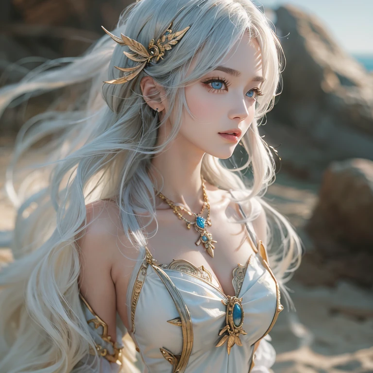 (masterpiece:1.3), (8k, Realistic, RAW Photos, Best image quality: 1.4), Fair-skinned fairy woman、Long Hair、Cleavage:2.0、Highly detailed face、Attention to detail、double eyelid、Chest to chest、Sharp focus:1.2、Beautiful woman:1.4、Silvery white hair、highest quality、masterpiece、超A high resolution、(Realistic:1.4)、Highly detailed and professionally lit smiles、Loose, Light, steampunk、Shoulders out、thin、Serious expression、Short-haired、Deadly position, one person、whole body,Walking on the beach、Gorgeous Necklace, reptile eyes:1.5