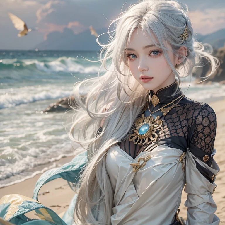 (masterpiece:1.3), (8k, Realistic, RAW Photos, Best image quality: 1.4), Fair-skinned fairy woman、Long Hair、Cleavage:2.0、Highly detailed face、Attention to detail、double eyelid、Chest to chest、Sharp focus:1.2、Beautiful woman:1.4、Silvery white hair、highest quality、masterpiece、超A high resolution、(Realistic:1.4)、Highly detailed and professionally lit smiles、Loose, Light, steampunk、Shoulders out、thin、Serious expression、Short-haired、Deadly position, one person、whole body,Walking on the beach、Gorgeous Necklace, reptile eyes:1.5