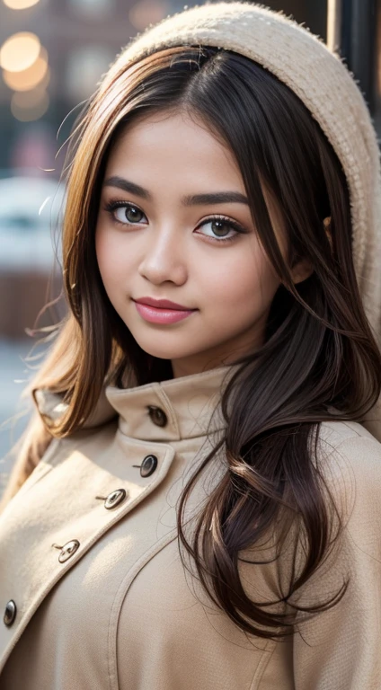 RAW, Best quality, high resolution, masterpiece: 1.3), beautiful Malay woman, Masterpiece, perfect fit body, big breasts, beautiful big eyes, long hair, brown hair, Soft smile, thick thighs, Beautiful Malay girls,(Best Quality, 4K, hight resolution, masutepiece:1.2), Ultra-detailed, Realistic:1.37, Beautiful detailed eyes, Beautiful detailed lips, extremely detailed eye and face, long eyelashes, Down coat, long pleated skirt, Innocent smile, rosy cheeks, Station platform, Baby Faced Girl, Warm lighting, Soft colors, vibrant atmosphere