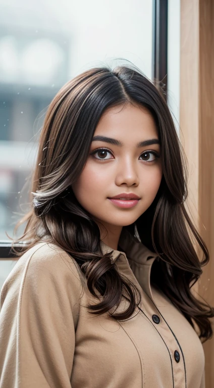 RAW, Best quality, high resolution, masterpiece: 1.3), beautiful Malay woman, Masterpiece, perfect fit body, big breasts, beautiful big eyes, long hair, brown hair, Soft smile, thick thighs, Beautiful Malay girls,(Best Quality, 4K, hight resolution, masutepiece:1.2), Ultra-detailed, Realistic:1.37, Beautiful detailed eyes, Beautiful detailed lips, extremely detailed eye and face, long eyelashes, Down coat, long pleated skirt, Innocent smile, rosy cheeks, Station platform, Baby Faced Girl, Warm lighting, Soft colors, vibrant atmosphere