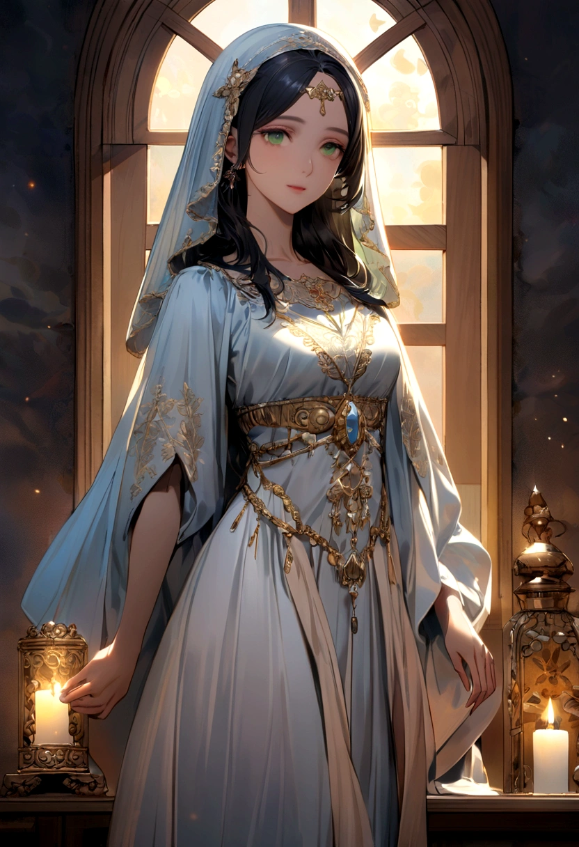 Mother of Jesus, Black hair and green eyes, light brown skin, Wearing a light blue robe, And a sky-blue veil, A calm expression that brings peace (whole body) Near the window, Illuminated by the moonlight