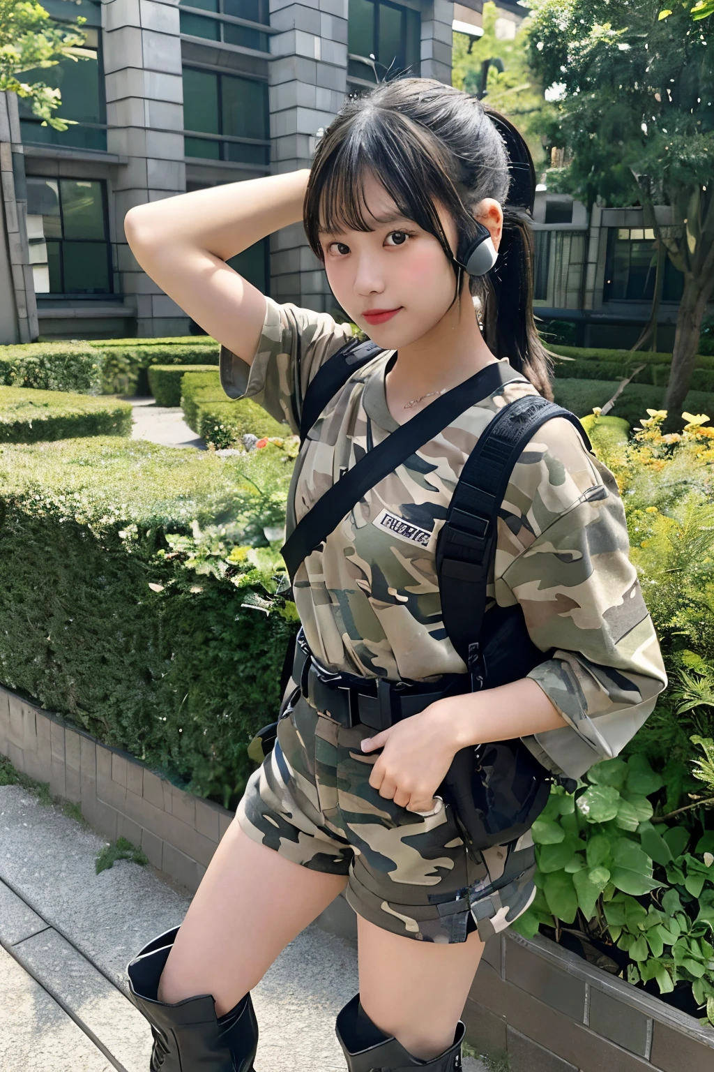 One girl、black hair、ponytail(High position)、Wearing headphones、Camouflage、belt(black)、Equipped with a rifle on the back、Type 89 assault rifle、Shorts(gray)、Laced boots(gray)、Are standing、garden、Composition from above、You can see the tiles on the ground