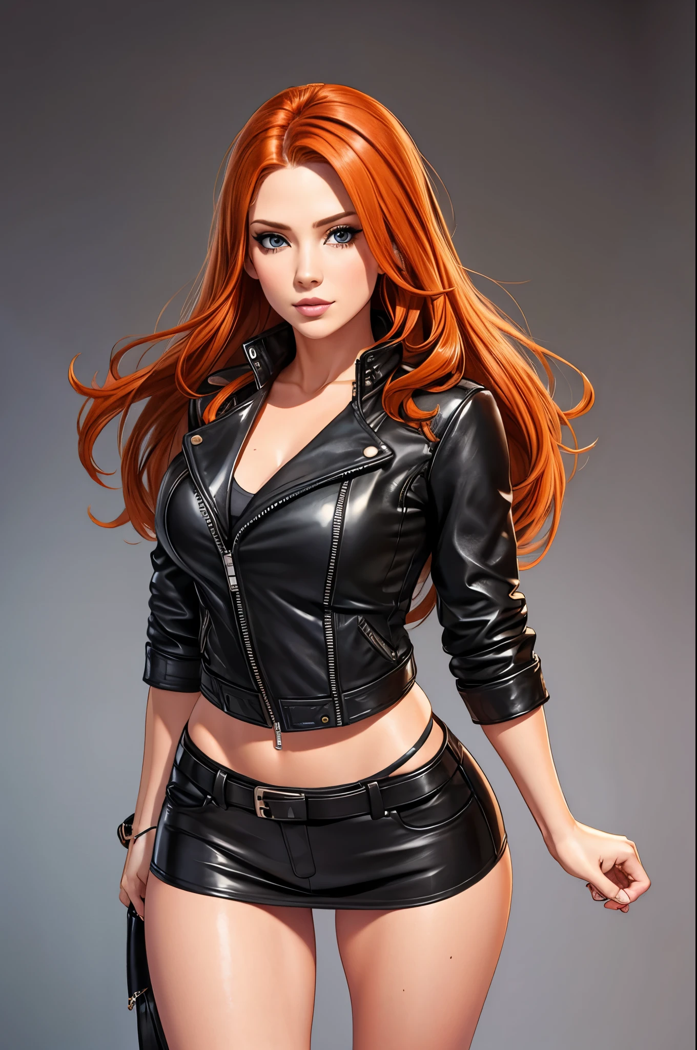 Jennifer Korbin, ginger hair, black leather jacket