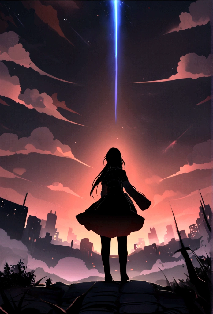 （red tint、pink），Octane, null, performer(null), landscape, 星null, night,（ One Girl,一匹のCat、I&#39;ll be there for you：1.5），（I&#39;ll be there for you：1.3），Cat，nightnull, solo, Outdoor, built, cloud, shooting star，Sit on, wood, Hair length, city, silhouette, 都city景観，From behind