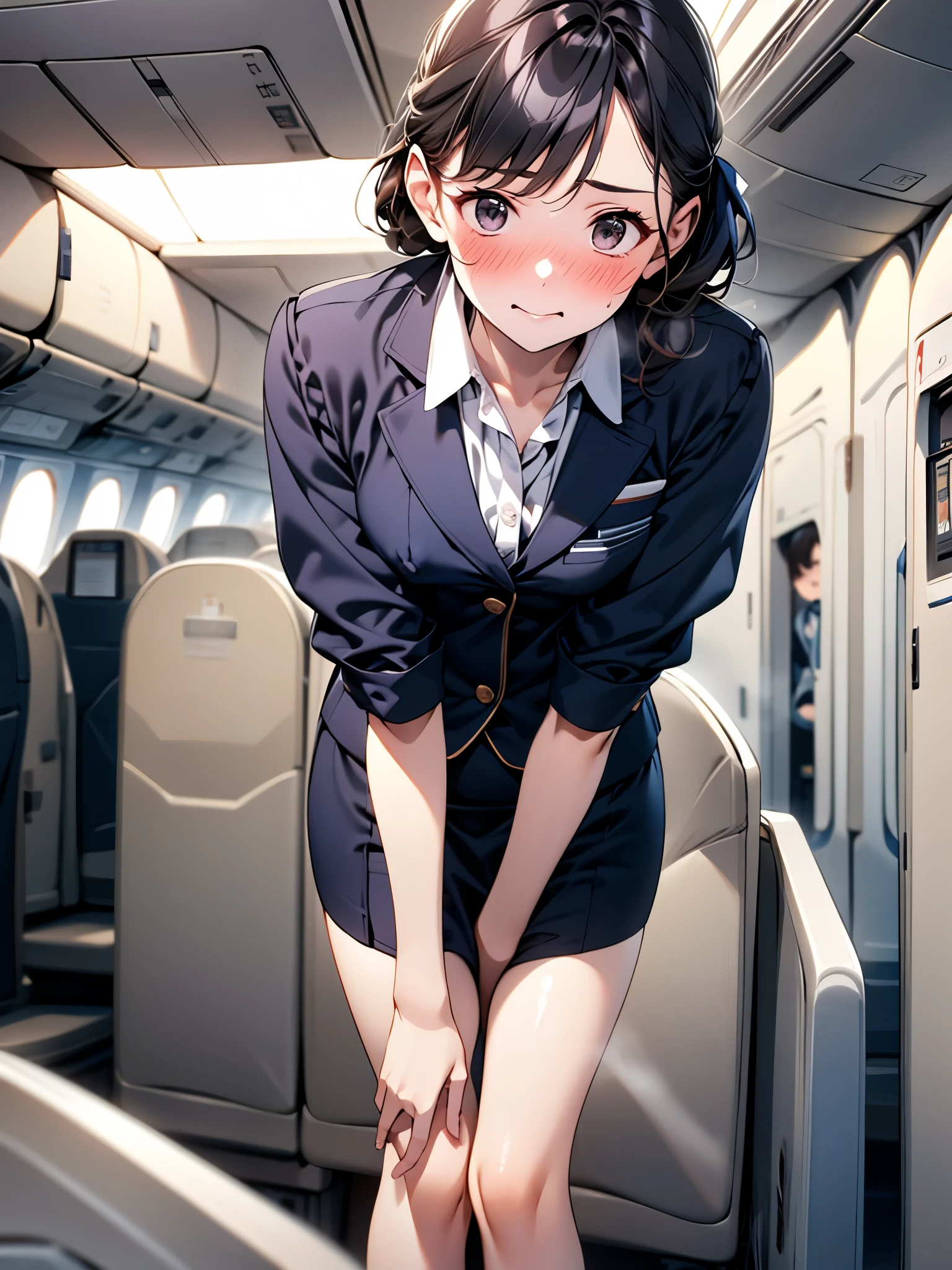 (1 person、solo), Beautiful woman, High definition beautiful black eyes、Anatomically perfect body, thin、stewardess、Cabin attendant, (Japan Air Line uniform:1.3), (Pussy juice:1.1),  (Leaning forward、Look down:1.2), (Are standing), (Hands between legs:1.2)、20-year-old、(highest quality)、Black Hair, (half updo), On board the plane、(8k, High resolution)、(shy:1.4)、Mid-chest, (steam:1.1), (embarrassed:1.3), Erect nipples、(wide shot), (Inner thighs)