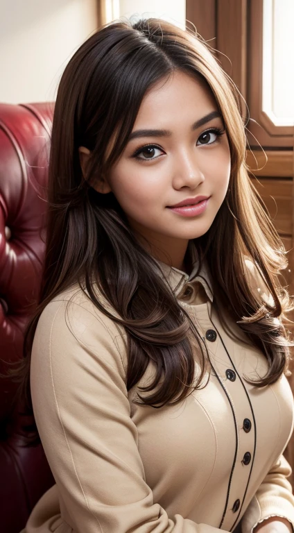 RAW, Best quality, high resolution, masterpiece: 1.3), beautiful Malay woman, Masterpiece, perfect fit body, big breasts, beautiful big eyes, long hair, brown hair, Soft smile, thick thighs, Beautiful Malay girls,(Best Quality, 4K, hight resolution, masutepiece:1.2), Ultra-detailed, Realistic:1.37, Beautiful detailed eyes, Beautiful detailed lips, extremely detailed eye and face, long eyelashes, Down coat, long pleated skirt, Innocent smile, rosy cheeks, Station platform, Baby Faced Girl, Warm lighting, Soft colors, vibrant atmosphere