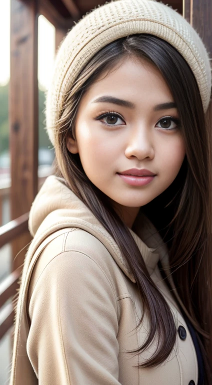 RAW, Best quality, high resolution, masterpiece: 1.3), beautiful Malay woman, Masterpiece, perfect fit body, big breasts, beautiful big eyes, long hair, brown hair, Soft smile, thick thighs, Beautiful Malay girls,(Best Quality, 4K, hight resolution, masutepiece:1.2), Ultra-detailed, Realistic:1.37, Beautiful detailed eyes, Beautiful detailed lips, extremely detailed eye and face, long eyelashes, Down coat, long pleated skirt, Innocent smile, rosy cheeks, Station platform, Baby Faced Girl, Warm lighting, Soft colors, vibrant atmosphere