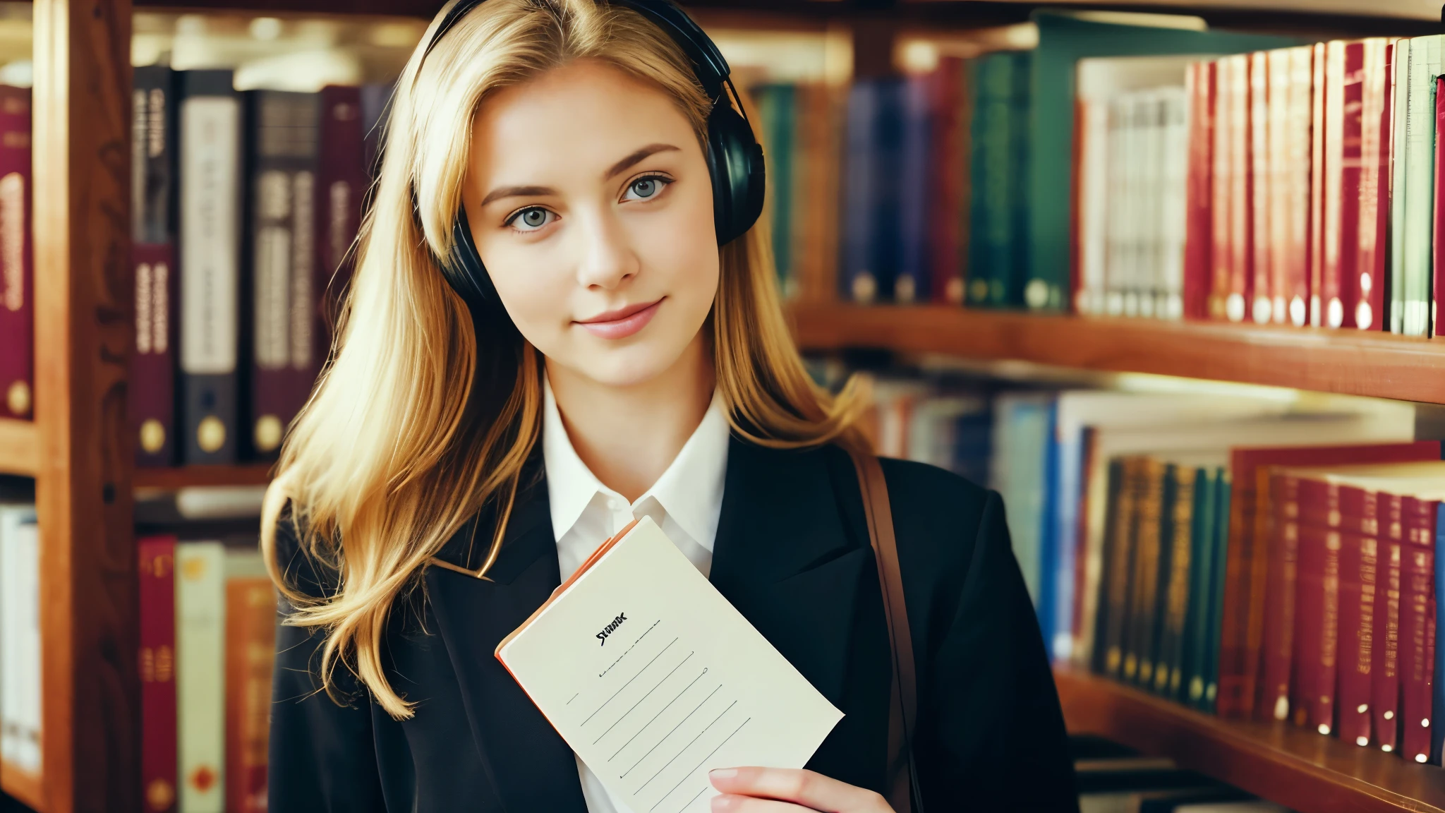 Beautiful blonde in a black suit (Holding a thick book in a library at dusk),Wearing headphones,Very detailed, 21 years old, Innocent face, Naturally Wavy Hair, blue eyes, High resolution, masterpiece, highest quality, Intricate details, Very detailed, Clear focus, Delicate skin, practical skin texture, texture, Delicate eyes, Professional, 4K, Cute Smile, Shot with Canon, 85mm, Shallow and deep,  Kodak Vision Color, Exactly, Very detailed, photograph_\(Extremist\), photographpractical, practical, Post-processing, Maximum details, Roughness, Real Life, Extremist practical, Photorealism, photographgraphy, 8K Ultra HD, photographgraphy
