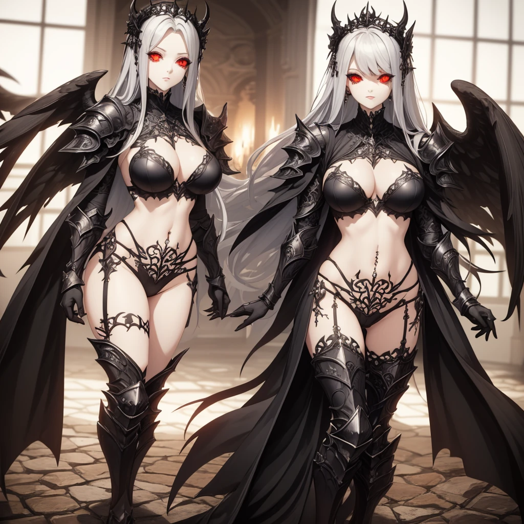 queen power armor , (gothic style), full body view , bellybutton, The most beautiful and sexy demon goddess, long white hair, glowing red eyes, wearing detailed black gothic battle armor, black angel wings, tattoos and piercings, gothic castle, perfect masterpiece, high quality, high resolution
