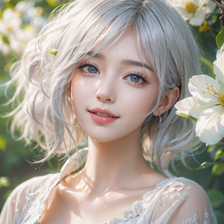 (masterpiece:1.3), (8k, Realistic, RAW Photos, Best image quality: 1.4), Fair-skinned fairy woman、short hair、Cleavage:2.0、Highly detailed face、Attention to detail、double eyelid、Sharp focus:1.2、Beautiful woman:1.4、Silvery white hair、highest quality、masterpiece、Ultra-high resolution、(Realistic:1.4)、Highly detailed and professionally lit smiles、Loose, Light,Japanese high 、 one person、whole body,　I eat breakfast 