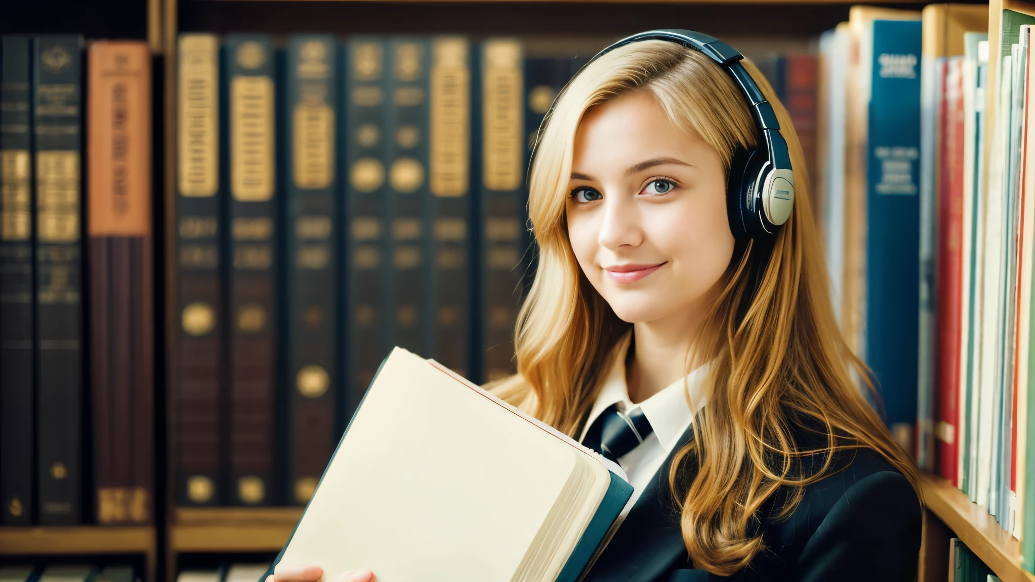Beautiful blonde in a black suit (Holding a thick book in a library at dusk),Wearing headphones,Very detailed, 21 years old, Innocent face, Naturally Wavy Hair, blue eyes, High resolution, masterpiece, highest quality, Intricate details, Very detailed, Clear focus, Delicate skin, practical skin texture, texture, Delicate eyes, Professional, 4K, Cute Smile, Shot with Canon, 85mm, Shallow and deep,  Kodak Vision Color, Exactly, Very detailed, photograph_\(Extremist\), photographpractical, practical, Post-processing, Maximum details, Roughness, Real Life, Extremist practical, Photorealism, photographgraphy, 8K Ultra HD, photographgraphy