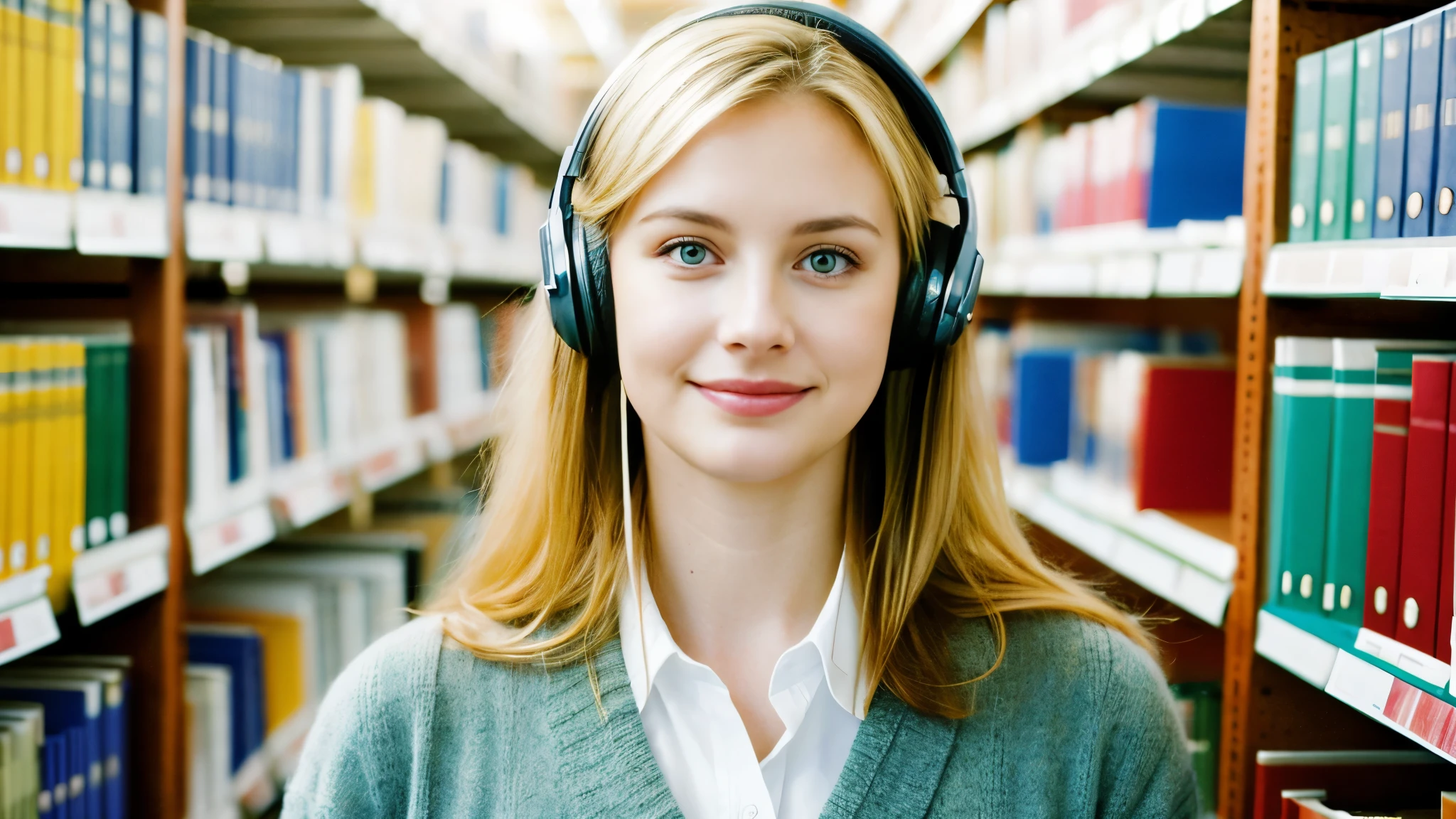 Beautiful blonde in office casual (Holding a thick book in a library at dusk),Wearing headphones,Very detailed, 21 years old, Innocent face, Naturally Wavy Hair, blue eyes, High resolution, masterpiece, highest quality, Intricate details, Very detailed, Clear focus, Delicate skin, practical skin texture, texture, Delicate eyes, Professional, 4K, Cute Smile, Shot with Canon, 85mm, Shallow and deep, Kodak Vision Color, Exactly, Very detailed, photograph_\(Extremist\), photographpractical, practical, Post-processing, Maximum details, Roughness, Real Life, Extremist practical, Photorealism, photographgraphy, 8K Ultra HD, photographgraphy