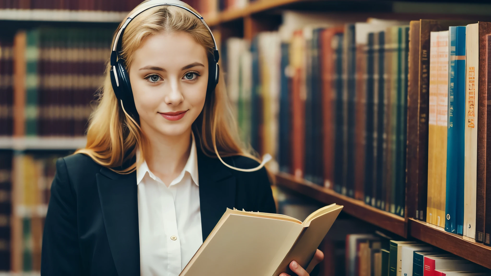 Beautiful blonde in a black suit (Holding a thick book in a library at dusk),Wearing headphones,Very detailed, 21 years old, Innocent face, Naturally Wavy Hair, blue eyes, High resolution, masterpiece, highest quality, Intricate details, Very detailed, Clear focus, Delicate skin, practical skin texture, texture, Delicate eyes, Professional, 4K, Cute Smile, Shot with Canon, 85mm, Shallow and deep,  Kodak Vision Color, Exactly, Very detailed, photograph_\(Extremist\), photographpractical, practical, Post-processing, Maximum details, Roughness, Real Life, Extremist practical, Photorealism, photographgraphy, 8K Ultra HD, photographgraphy