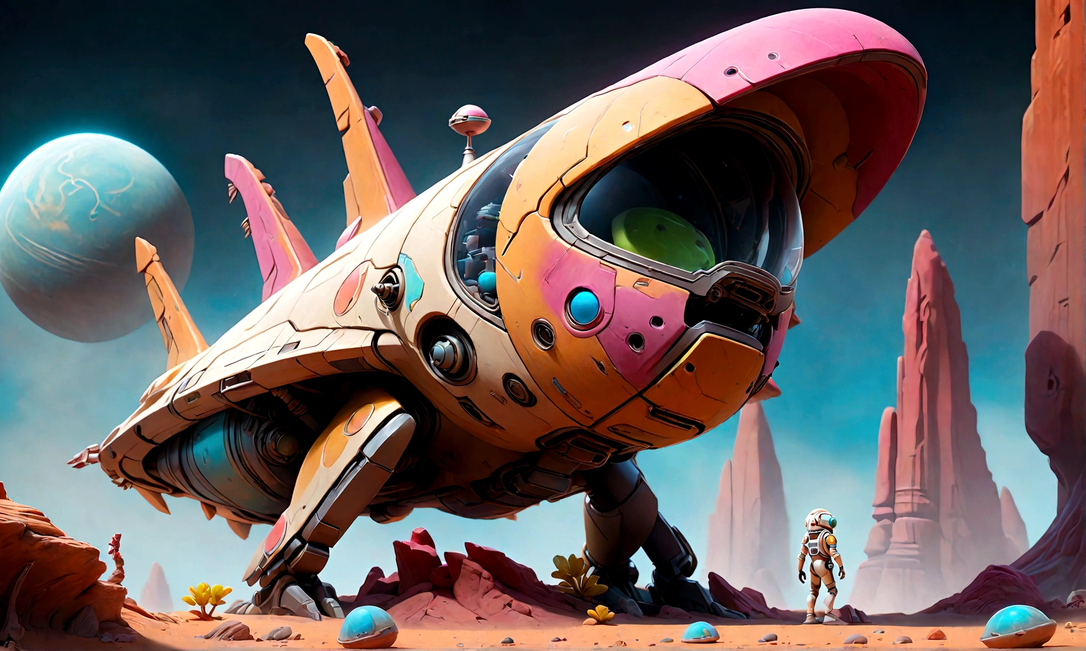 A damaged spaceship landed on an alien planet with exotic and colorful landscapes.