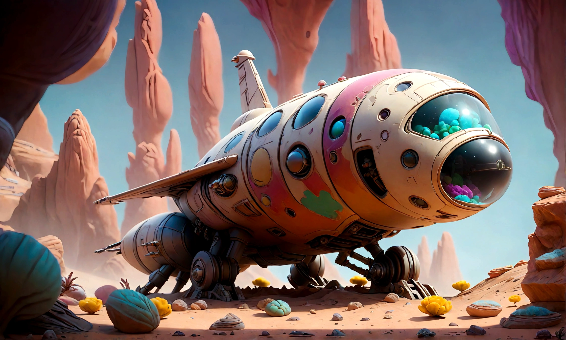 A damaged spaceship landed on an alien planet with exotic and colorful landscapes.