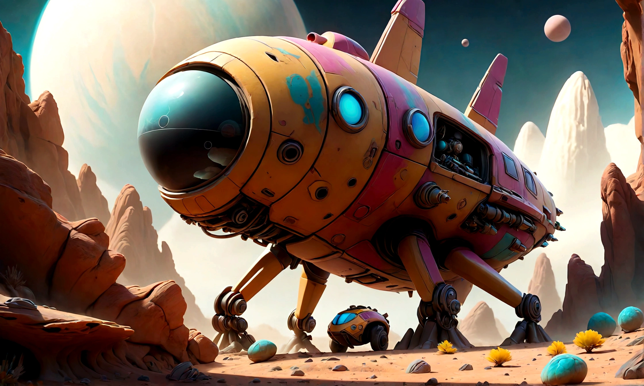 A damaged spaceship landed on an alien planet with exotic and colorful landscapes.