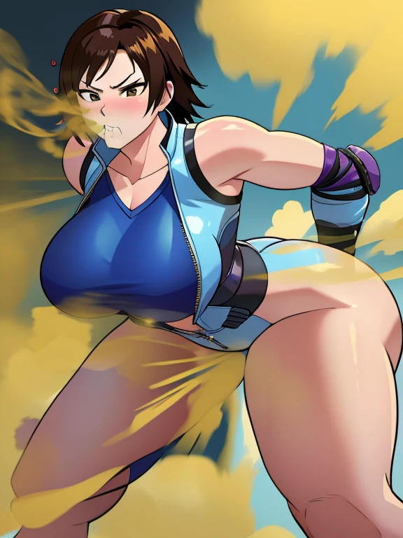Asuka kazama, wearing default outfit, fine details, big breasts, bending forward, farting, massive fart, yellow smoke, leaning, clenching teeth