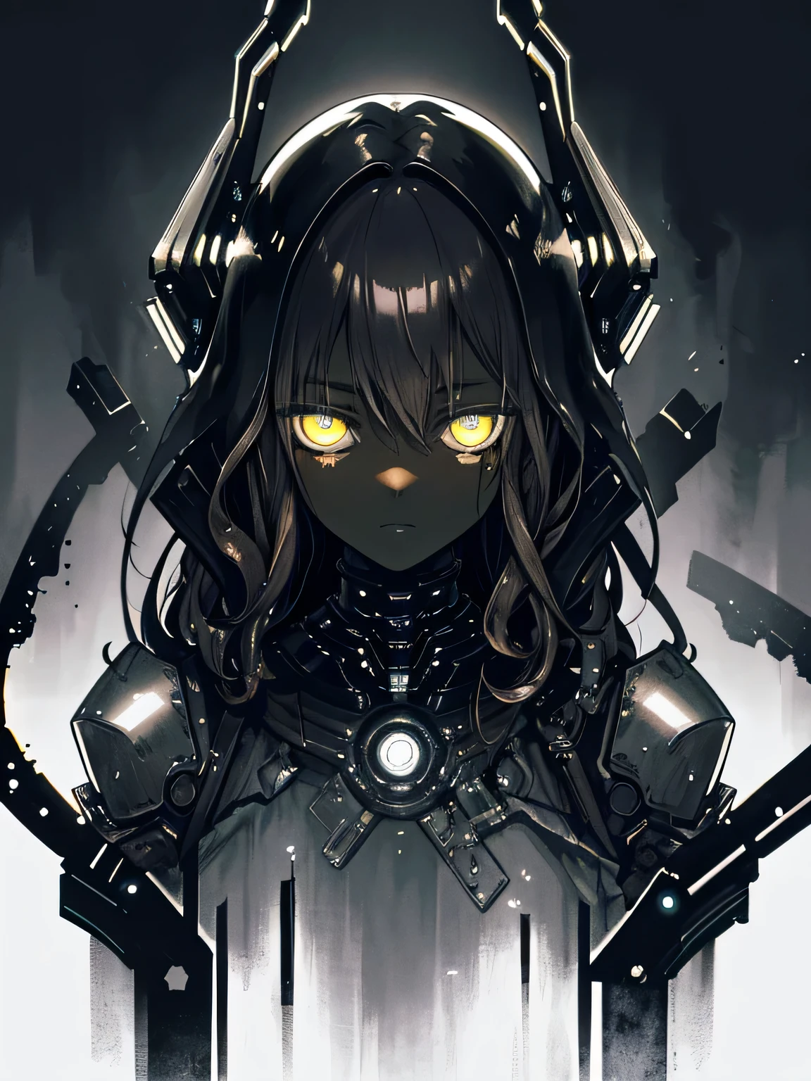 (dark biopunk art), (tentacle biopunk atmosphere), (gloomy biopunk girl), delicate facial features, dark black skin, dark brown skin, dark skin, brown hair, wavy biopunk helmet, wavy meat breastplate, silver biopunk shoulder inserts, (dark lighting), many shadows, cold lights, biopunk, art by hans giger