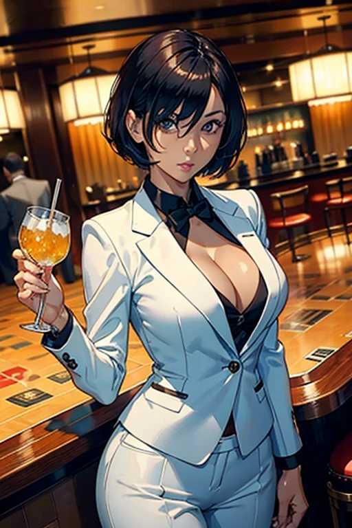 kiko, short hair, hair over one eye, asian, tanned skin, tanned, 35yo, mature woman, milf, serious, mad, dangerous, white female suit, cleavage, big breasts, suit pants, standing, serving drinks in a bar top of a casino, shiny design, cristal design, diamond pattern, elegant waitress