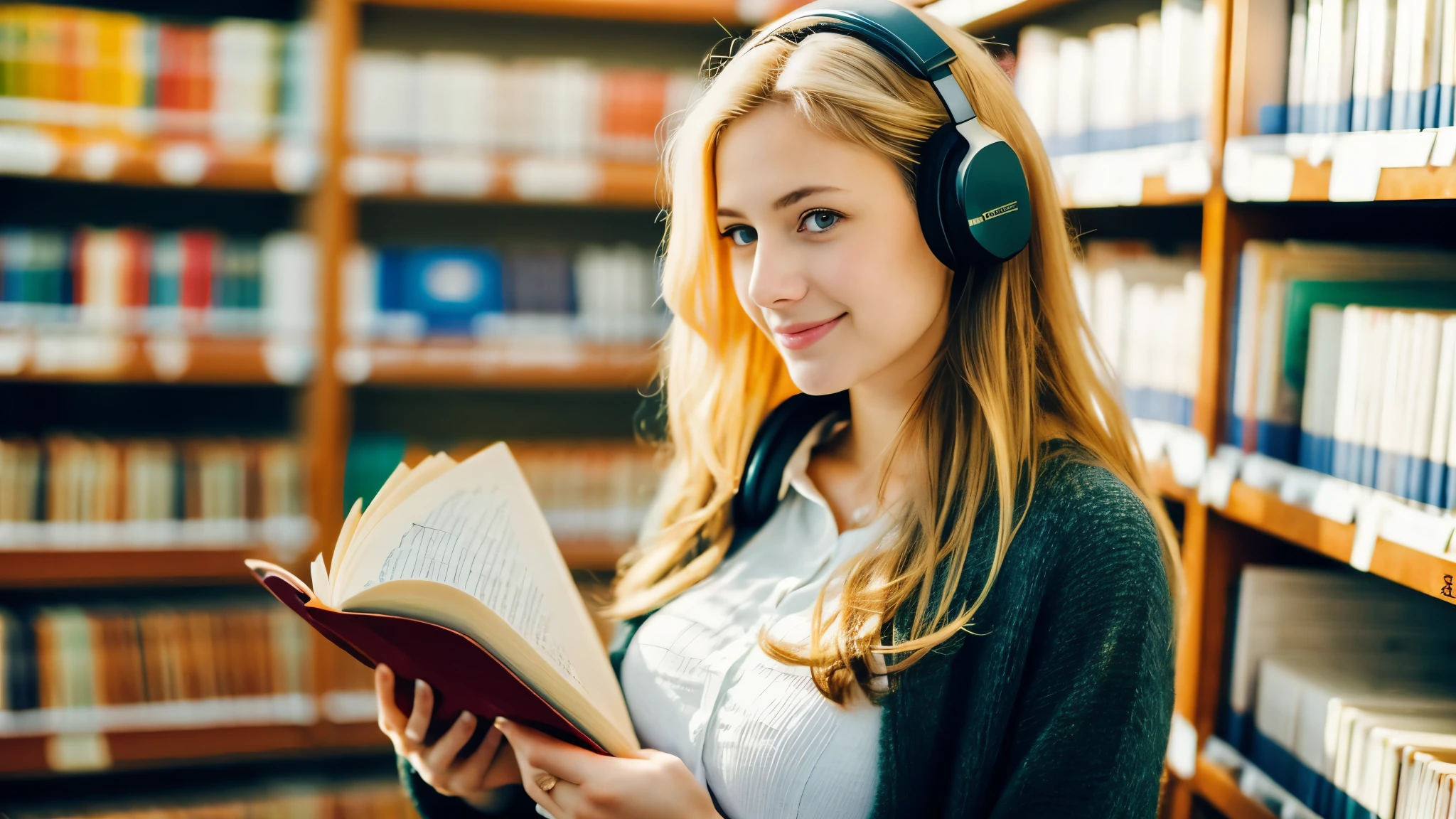 Beautiful blonde with big breasts (Holding a thick book in a library at dusk),Wearing headphones,Very detailed, 21 years old, Innocent face, Naturally Wavy Hair, blue eyes, High resolution, masterpiece, highest quality, Intricate details, Very detailed, Clear focus, Delicate skin, practical skin texture, texture, Delicate eyes, Professional, 4K, Cute Smile, Shot with Canon, 85mm, Shallow and deep,  Kodak Vision Color, Exactly, Very detailed, photograph_\(Extremist\), photographpractical, practical, Post-processing, Maximum details, Roughness, Real Life, Extremist practical, Photorealism, photographgraphy, 8K Ultra HD, photographgraphy