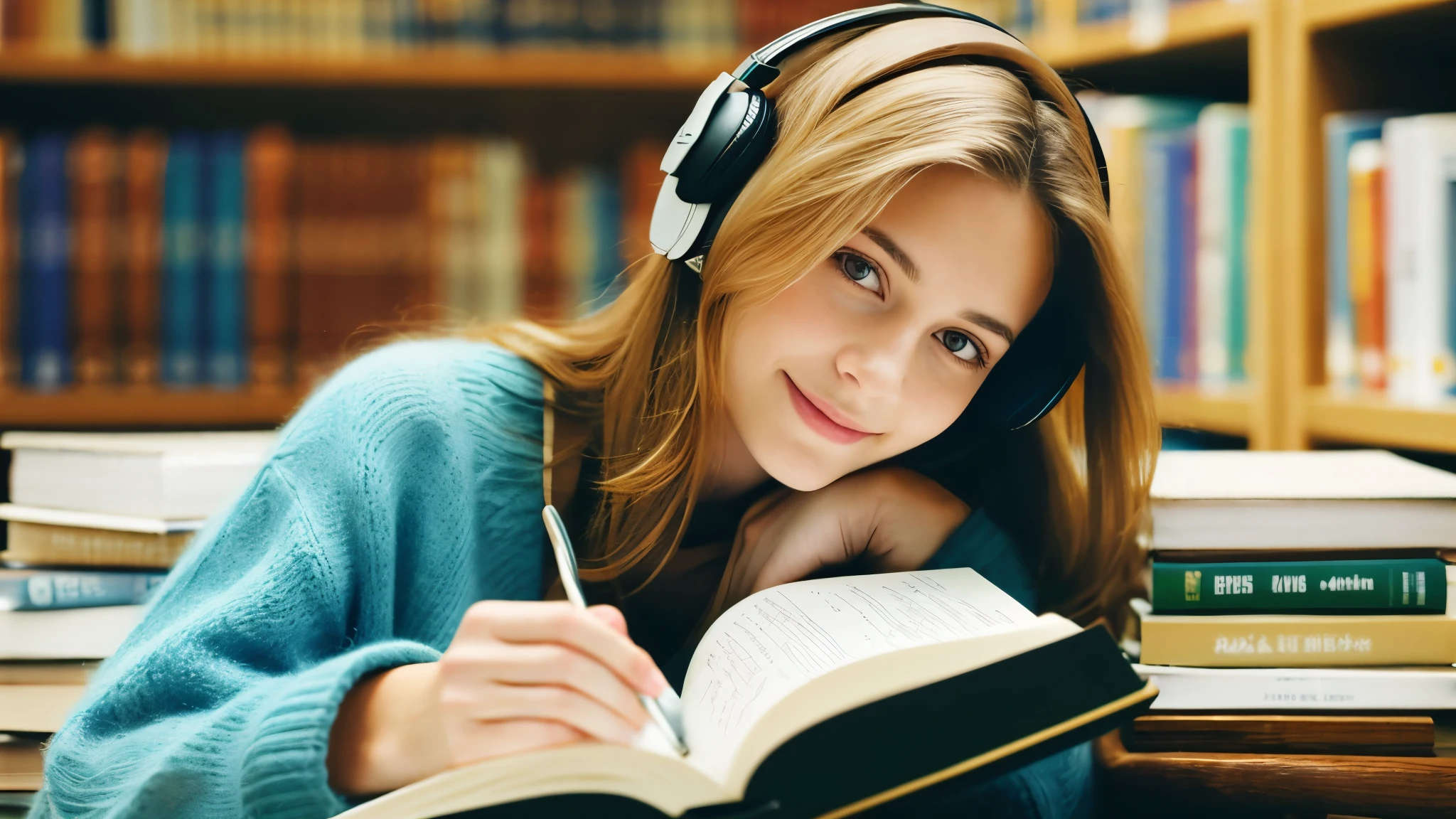 Beautiful blonde with big breasts (Holding a thick book in a library at dusk),Wearing headphones,Very detailed, 21 years old, Innocent face, Naturally Wavy Hair, blue eyes, High resolution, masterpiece, highest quality, Intricate details, Very detailed, Clear focus, Delicate skin, practical skin texture, texture, Delicate eyes, Professional, 4K, Cute Smile, Shot with Canon, 85mm, Shallow and deep, Kodak Vision Color, Exactly, Very detailed, photograph_\(Extremist\), photographpractical, practical, Post-processing, Maximum details, Roughness, Real Life, Extremist practical, Photorealism, photographgraphy, 8K Ultra HD, photographgraphy