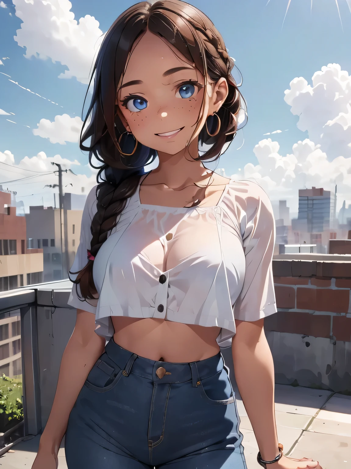 Girl with beautiful skin, braided brown hair, Box braids, blue eyes, smiling, black bra, white blouse, tube top, big circle gold earrings, freckles, big lips, pink lips, on a rooftop, she is holding a reporter microphone, new reporter, nyc skyline in the background, blue skies big clouds Wearing extremely tight jeans, extremamente sexy, 8k, (melhor qualidade: 1.0), (ultra highres:1.0)