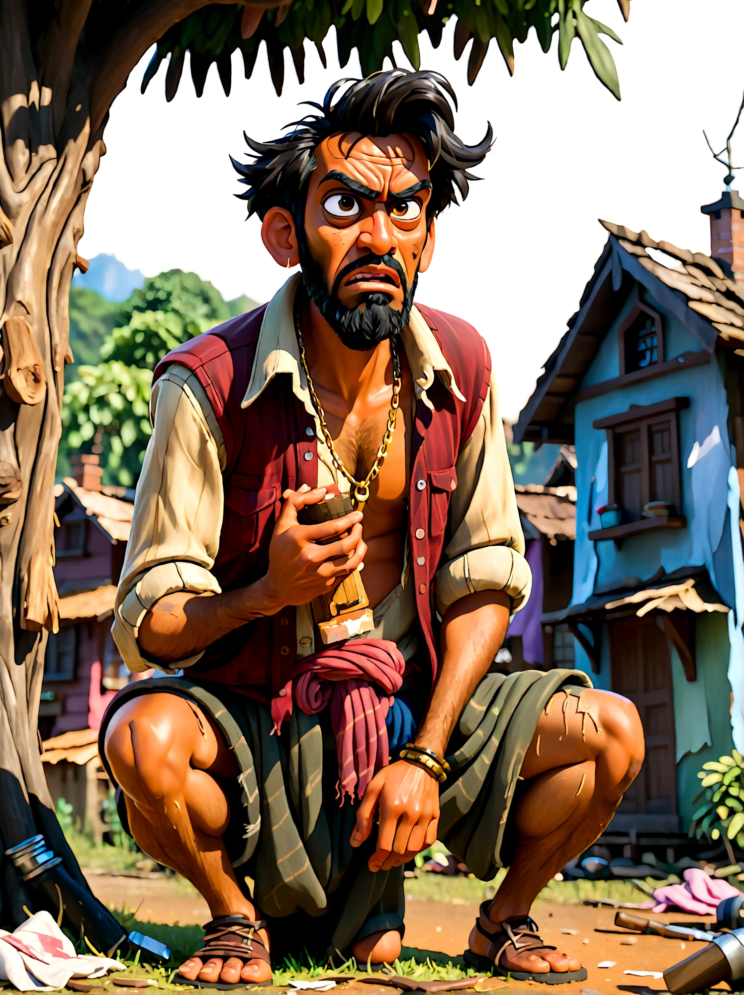 (Disney Pixar style:1.1), full-body shot, Lazy villager painting, Narayana Prabhakar, look up, (Disgusted look:1.9), Messy black hair, Scruffy black beard, Against the backdrop of the village, (Sit under a tree:1.15), Wearing a dark brown torn shirt and ragged grey pants, Dusty black work boots, On a summer afternoon