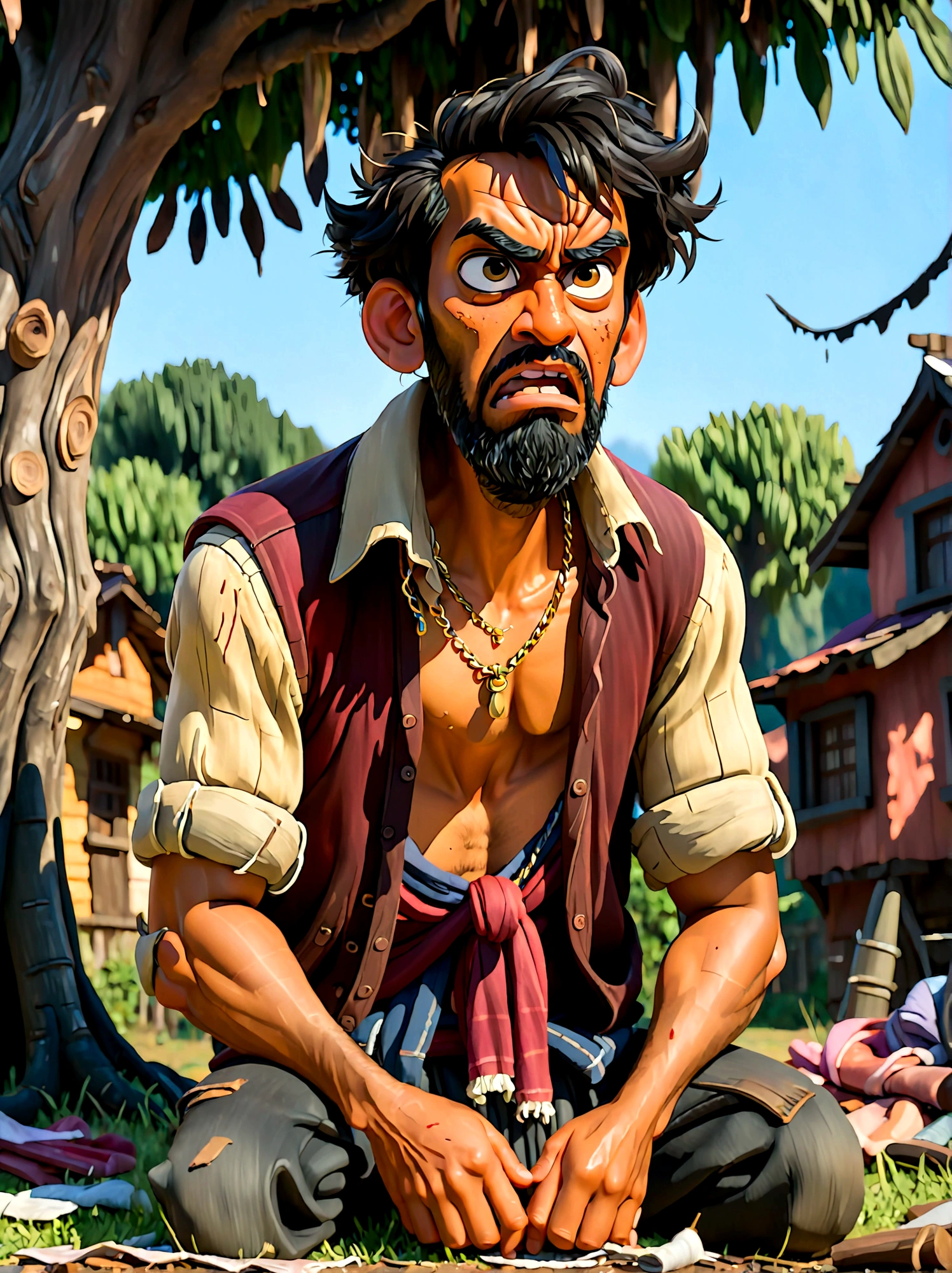 (Disney Pixar style:1.1), full-body shot, Lazy villager painting, Narayana Prabhakar, look up, (Disgusted look:1.9), Messy black hair, Scruffy black beard, Against the backdrop of the village, (Sit under a tree:1.15), Wearing a dark brown torn shirt and ragged grey pants, Dusty black work boots, On a summer afternoon