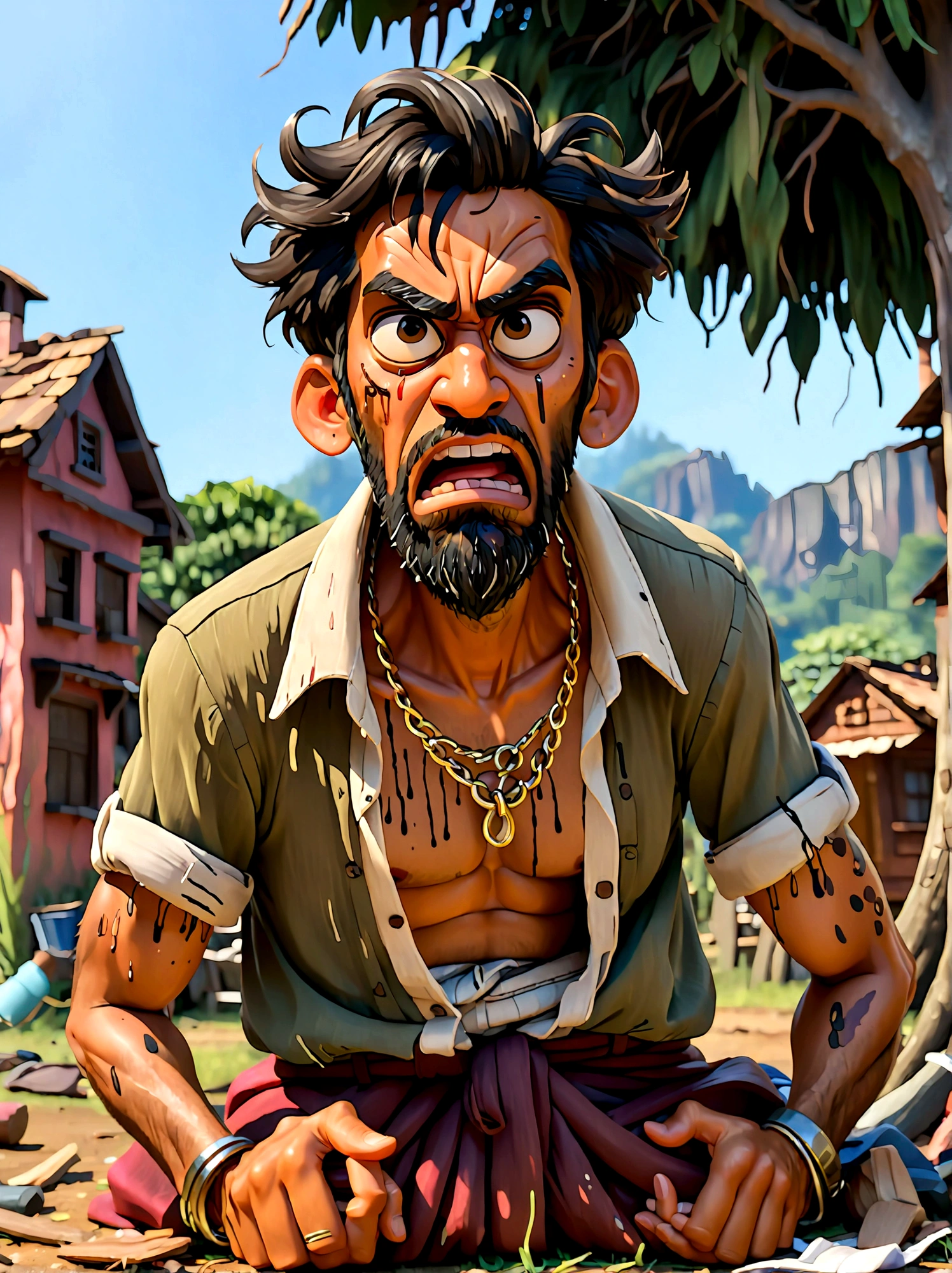 (Disney Pixar style:1.1), full-body shot, Lazy villager painting, Narayana Prabhakar, look up, (Disgusted look:1.9), Messy black hair, Scruffy black beard, Against the backdrop of the village, (Sit under a tree:1.15), Wearing a dark brown torn shirt and ragged grey pants, Dusty black work boots, On a summer afternoon