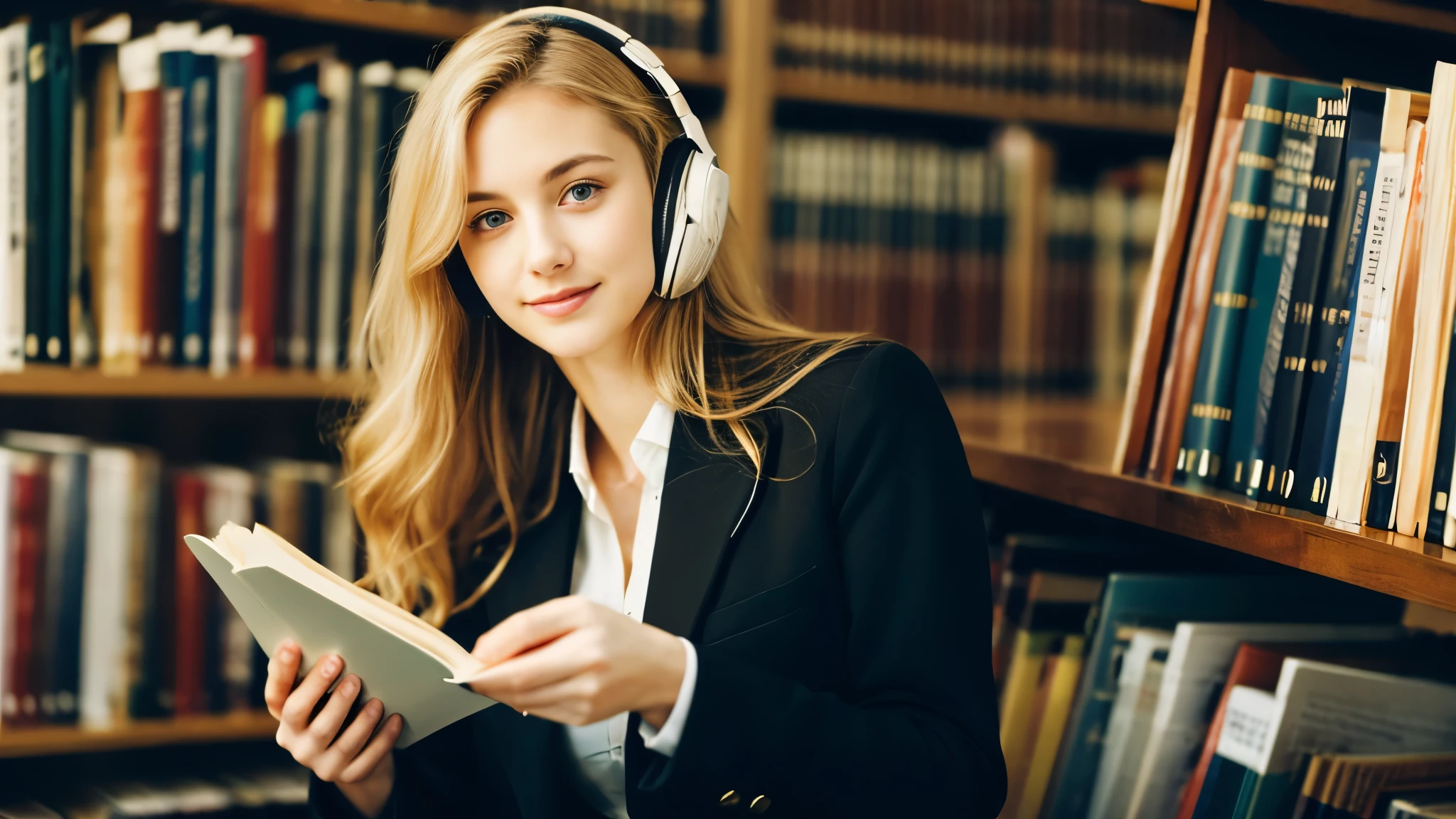 Beautiful blonde in a black suit (Holding a thick book in a library at dusk),Wearing headphones,Very detailed, 21 years old, Innocent face, Naturally Wavy Hair, blue eyes, High resolution, masterpiece, highest quality, Intricate details, Very detailed, Clear focus, Delicate skin, practical skin texture, texture, Delicate eyes, Professional, 4K, Cute Smile, Shot with Canon, 85mm, Shallow and deep,  Kodak Vision Color, Exactly, Very detailed, photograph_\(Extremist\), photographpractical, practical, Post-processing, Maximum details, Roughness, Real Life, Extremist practical, Photorealism, photographgraphy, 8K Ultra HD, photographgraphy