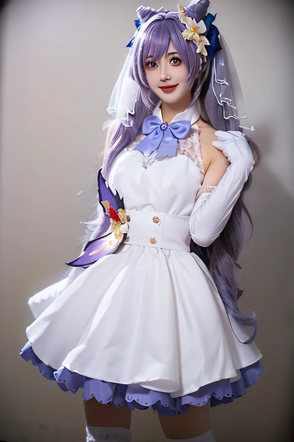 highest quality, masterpiece, Realistic, photoRealistic, One girl, alone, View Viewer, smile, Are standing, Cowboy Shot, Stingy Cosplay costume, Stingy, Cosplay, Alternative costume, Purple Hair, Twin tails, Long Hair, Hair Bun, cone Hair Bun, dress, white dress, wedding dress, sleeveless dress, Frills, Lace trim, gloves, white gloves, elbow gloves, bow, bowtie, Veil, bridal Veil, bride, hair ornaments, Hair Flowers, Hair Ribbon, hair bow, Knee socks, Lace trim legwear, frilled Knee socks, white Knee socks, Gray background, 