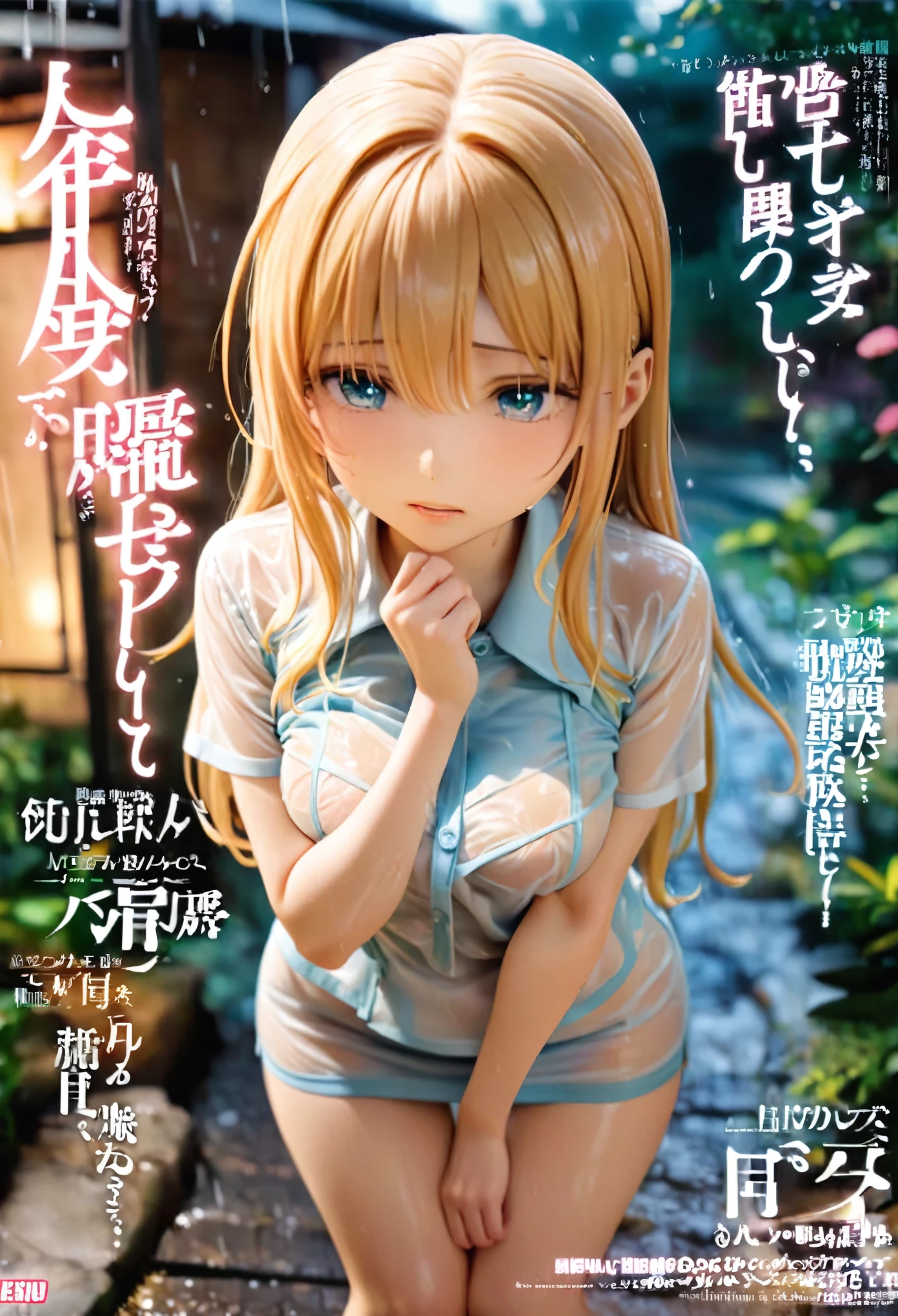 Magazine cover(masterpiece, best quality:1.2),,(((The eyes are delicate)))shy((Wet clothes))Short skirt,underwear,outdoor,rain(8K)(HD)