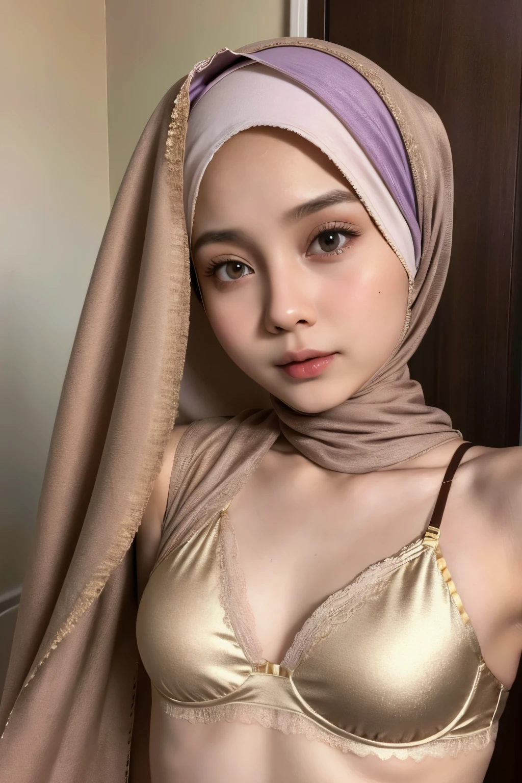 Very Thin body (Wearing Bra Lingerie), (((HIJAB MALAY GIRL))), masutepiece, High quality, UHD 32K, Realistic face, Realistic skin feeling , A Malay Lady, 8 years old, , Very cute and baby-like face, (((FLAT CHEST))), (MATRIX WORLD), ((look In front  at the camera and SADNESS)), ((())), (((CUTE GIRL))), ((BROWN LIPS)), ((BROWN)), (undress). WEAR BRA LINGERIE, gold, purple, lace