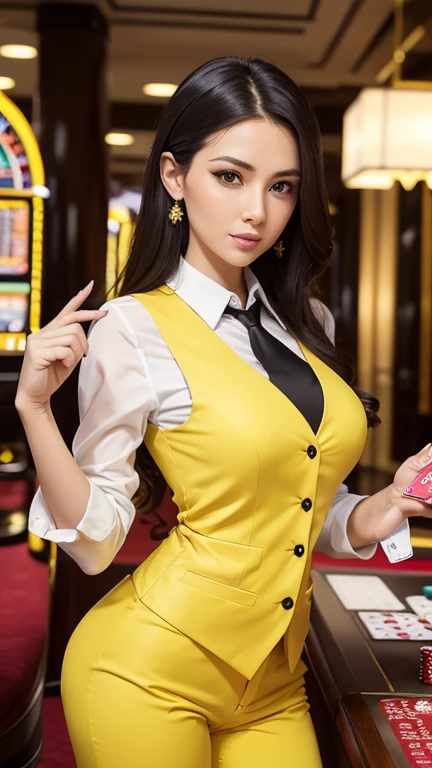 Casino dealer woman,Wearing a white sleeved dress shirt,wearing a yellow vest,Wearing tight yellow trousers,The card is held between the fingers of the left hand