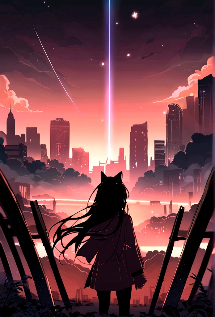 (red tint、pink),Octane, null, performer(null), landscape, 星null, night,( One Girl,一匹のCat、I'll be there for you:1.5),(I'll be there for you:1.3),Cat,nightnull, solo, Outdoor, built, cloud, shooting star,Sit on, wood, Hair length, city, silhouette, 都city景観,From behind