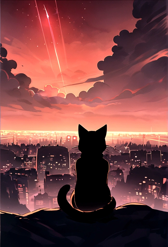 （red tint、pink），Octane, null, performer(null), landscape, 星null, night,（ One Girl,一匹のCat、I&#39;ll be there for you：1.5），（I&#39;ll be there for you：1.3），Cat，nightnull, solo, Outdoor, built, cloud, shooting star，Sit on, wood, Hair length, city, silhouette, 都city景観，From behind