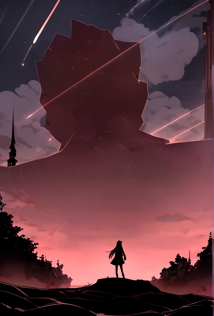 (red tint、pink),Octane, null, performer(null), landscape, 星null, night,( One Girl,一匹のCat、I'll be there for you:1.5),(I'll be there for you:1.3),Cat,nightnull, solo, Outdoor, built, cloud, shooting star,Sit on, wood, Hair length, city, silhouette, 都city景観,From behind