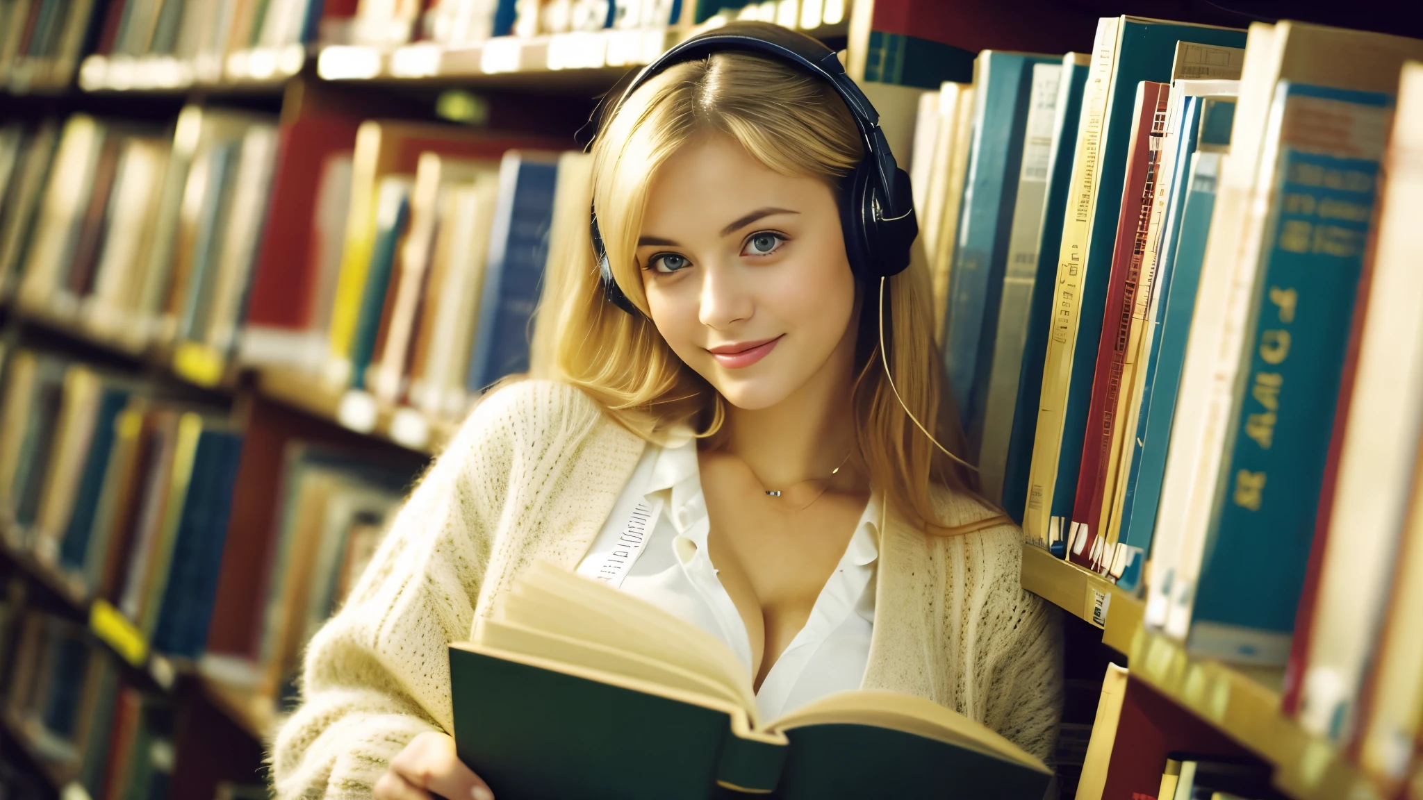 Beautiful blonde with big breasts (Holding a thick book in a library at dusk),Wearing headphones,Very detailed, 21 years old, Innocent face, Naturally Wavy Hair, blue eyes, High resolution, masterpiece, highest quality, Intricate details, Very detailed, Clear focus, Delicate skin, practical skin texture, texture, Delicate eyes, Professional, 4K, Cute Smile, Shot with Canon, 85mm, Shallow and deep, Kodak Vision Color, Exactly, Very detailed, photograph_\(Extremist\), photographpractical, practical, Post-processing, Maximum details, Roughness, Real Life, Extremist practical, Photorealism, photographgraphy, 8K Ultra HD, photographgraphy